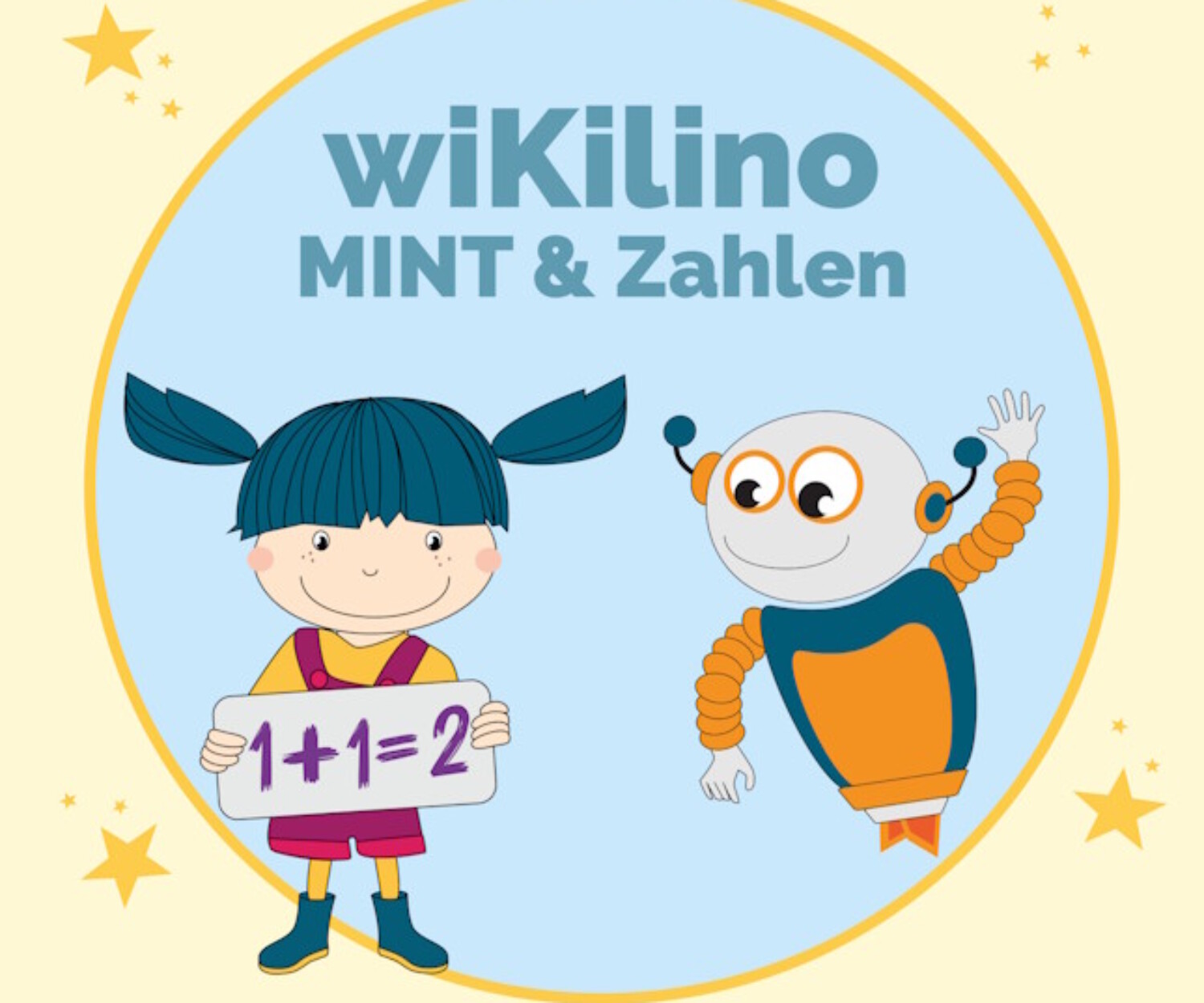 wiKilino MINT & Zahlen Illustration mit einem Mädchen, das eine Tafel mit 1+1=2 hält, und einem freundlichen Roboter in blau/orange, vor hellem gelben Hintergrund.
